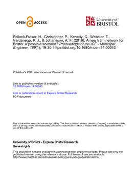 A New Tram Network for Bristol: a Possible Scenario? Proceedings of the ICE - Municipal Engineer, 169(1), 19-30
