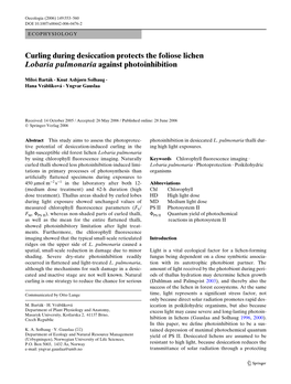 Curling During Desiccation Protects the Foliose Lichen Lobaria Pulmonaria Against Photoinhibition