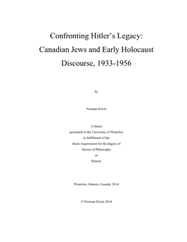 Confronting Hitler's Legacy: Canadian Jews and Early Holocaust Discourse, 1933-1956