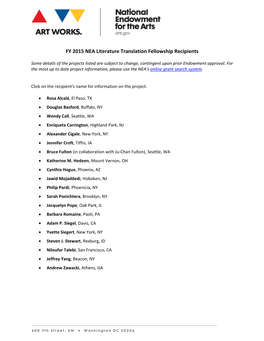 FY15 Translation Fellowship Recipients