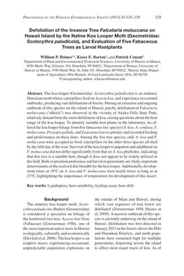 Defoliation of the Invasive Tree Falcataria Moluccana on Hawaii Island by the Native Koa Looper Moth