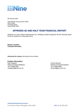 Appendix 4D and Half Year Financial Report