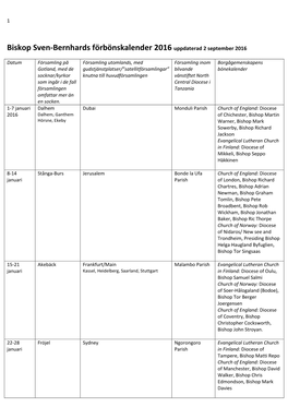 Biskop Sven-Bernhards Förbönskalender 2016 Uppdaterad 2 September 2016