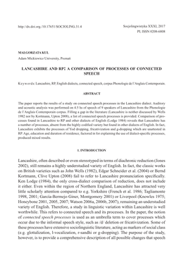 Lancashire, Often Described Or Even Stereotyped in Terms of Diachronic Reduction (Jones 2002), Still Remains a Highly Understudied Variety of English