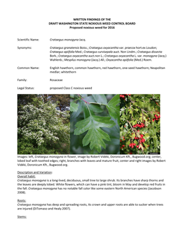 WRITTEN FINDINGS of the DRAFT WASHINGTON STATE NOXIOUS WEED CONTROL BOARD Proposed Noxious Weed for 2016