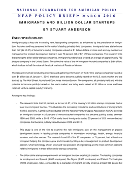 NFAP Policy Brief: Immigrants and Billion Dollar Startups, March 2016