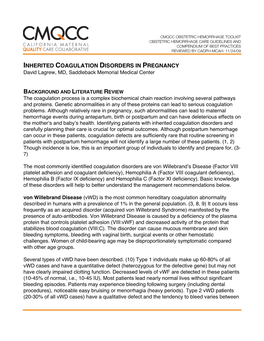 INHERITED COAGULATION DISORDERS in PREGNANCY David Lagrew, MD, Saddleback Memorial Medical Center