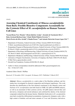 Assessing Chemical Constituents of Mimosa Caesalpiniifolia Stem Bark: Possible Bioactive Components Accountable for the Cytotoxic Effect of M