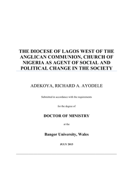 The Diocese of Lagos West of the Anglican Communion, Church of Nigeria As Agent of Social and Political Change in the Society