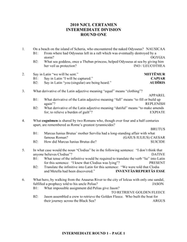 2010 Njcl Certamen Intermediate Division Round One