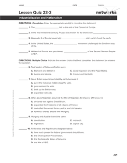 Lesson Quiz 23-3 Industrialization and Nationalism