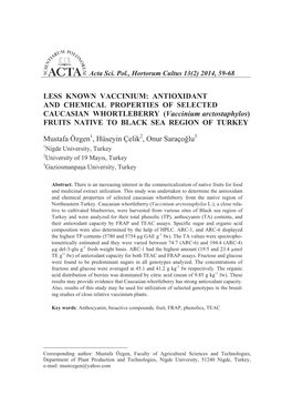 ANTIOXIDANT and CHEMICAL PROPERTIES of SELECTED CAUCASIAN WHORTLEBERRY (Vaccinium Arctostaphylos) FRUITS NATIVE to BLACK SEA REGION of TURKEY