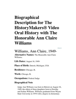 Biographical Description for the Historymakers® Video Oral History with the Honorable Ann Claire Williams