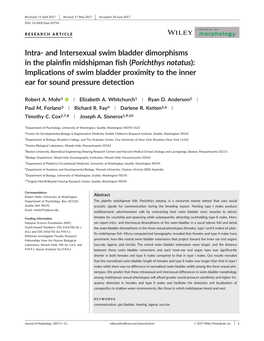 Porichthys Notatus): Implications of Swim Bladder Proximity to the Inner Ear for Sound Pressure Detection