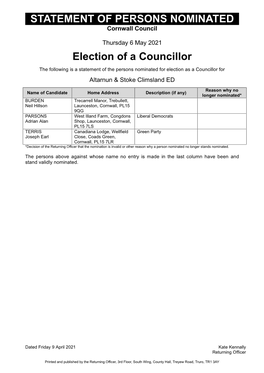 STATEMENT of PERSONS NOMINATED Election of a Councillor