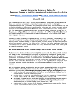 Jewish Community Statement Calling for Expanded Access to Nutrition Assistance Due to Coronavirus Crisis