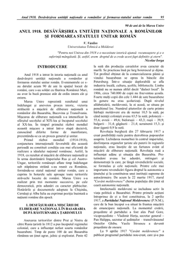 Anul 1918. Desăvârşirea Unităţii Naţionale a Românilor Şi Formarea Statului Unitar Român 95