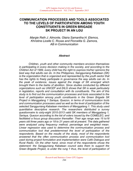 Communication Processes and Tools Associated to the Levels of Participation Among Youth Constituents in Green Brigade Sk Project in an Lgu