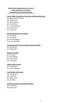 2018 Senator Appointments to Interim Study Committees and Other Committees/Commissions/Boards