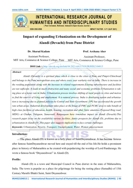 Impact of Expanding Urbanization on the Development of Alandi (Devachi) from Pune District