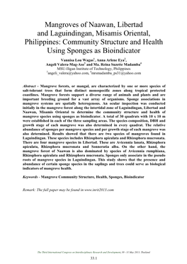 Mangroves of Naawan, Libertad and Laguindingan, Misamis Oriental, Philippines: Community Structure and Health Using Sponges As Bioindicator