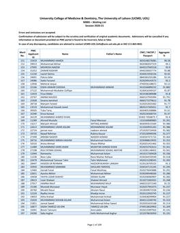 UCMD, UOL) MBBS – Waiting List Session 2020-21