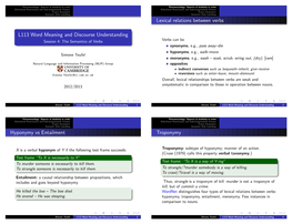 L113 Word Meaning and Discourse Understanding Lexical Relations Between Verbs Hyponymy Vs Entailment Troponymy