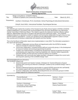 Report Board of Education of Howard County Meeting Agenda Item