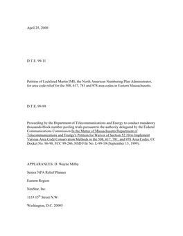 April 25, 2000 D.T.E. 99-11 Petition of Lockheed Martin IMS, the North