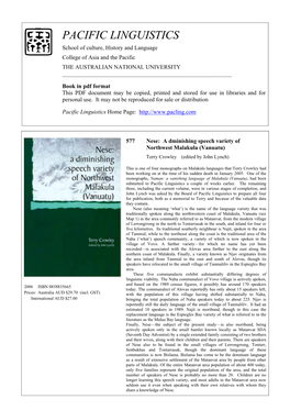 Nese: a Diminishing Speech Variety of Northwest Malakula (Vanuatu)