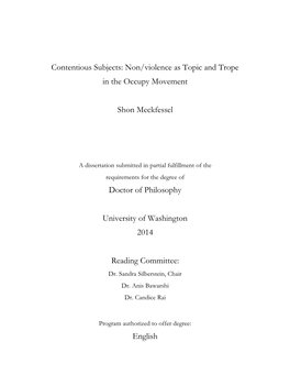 Contentious Subjects: Non/Violence As Topic and Trope in the Occupy Movement