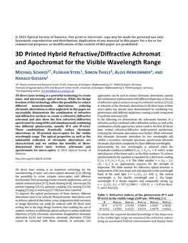 3D Printed Hybrid Refractive/Diffractive Achromat and Apochromat for the Visible Wavelength Range