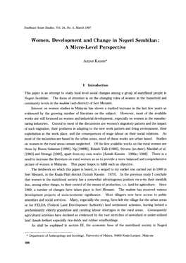 Women, Development and Change in Negeri Sembilan: a Micro-Level Perspective