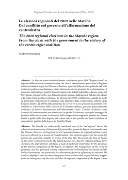 Le Elezioni Regionali Del 2020 Nelle Marche. Dal Conflitto Col Governo All’Affermazione Del Centrodestra the 2020 Regional Elections in the Marche Region