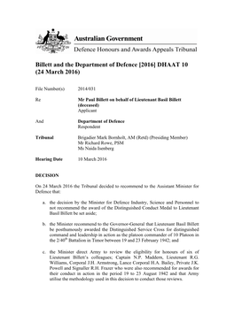 Billett and the Department of Defence [2016] DHAAT 10 (24 March 2016)