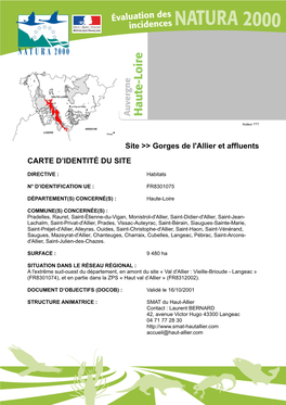 Site >> Gorges De L'allier Et Affluents CARTE D'identité DU SITE