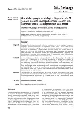 Operated Esophagus – Radiological Diagnostics of a 24 Year-Old Man with Esophageal Atresia Associated with Congenital Tracheo-Esophageal Fistula