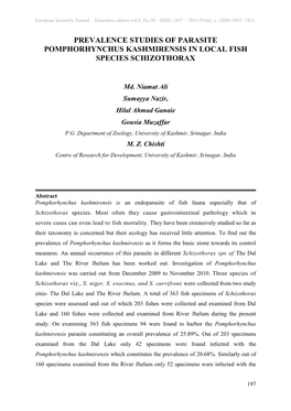 Prevalence Studies of Parasite Pomphorhynchus Kashmirensis in Local Fish Species Schizothorax