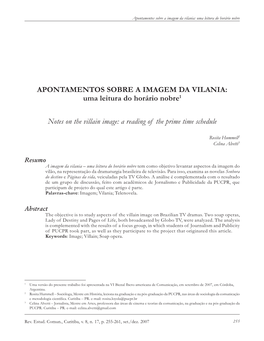 APONTAMENTOS SOBRE a IMAGEM DA VILANIA: Uma Leitura Do Horário Nobre1 Notes on the Villain Image: a Reading of the Prime Time S