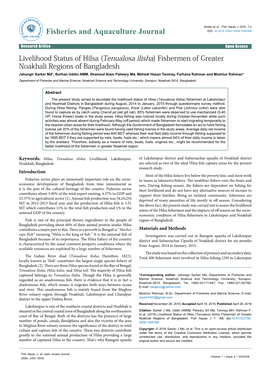 Livelihood Status of Hilsa (Tenualosa Ilisha) Fishermen of Greater