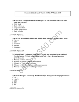 Current Affairs from 1St March 2019 to 7Th March 2019 (1) Which Bank Has Appointed Hemant Bhargava As Non-Executive, Non-Whole T