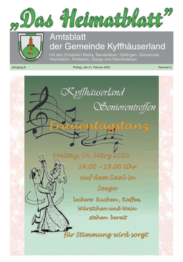 Das Heimatblatt” Amtsblatt Der Gemeinde Kyffhäuserland - 2 - Nr