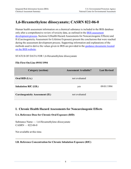 1,6-Hexamethylene Diisocyanate (CASRN 822-06-0) | IRIS | US