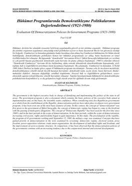 Hükümet Programlarında Demokratikleşme Politikalarının Değerlendirilmesi (1923-1980) Evaluatıon of Democratızatıon Polıcıes in Government Programs (1923-1980)