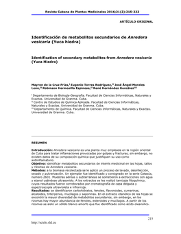 Identificación De Metabolitos Secundarios De Anredera Vesicaria (Yuca Hiedra)