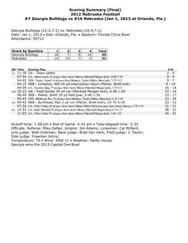 2012 Nebraska Football #7 Georgia Bulldogs Vs #16 Nebraska (Jan 1, 2013 at Orlando, Fla.)