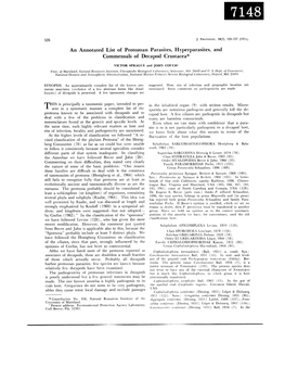 An Annotated List of Protozoan Parasites, Hyperparasites, and Commensals of Decapod Crustacea*