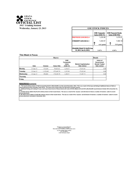 OFFICIAL LIST 3917 Trading Session Wednesday, January 23, 2013 GSE STOCK INDICES