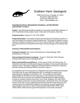 Erathem-Vanir Geological 3359 Summit Drive, Pocatello, ID 83201 Phone/Fax (208) 232-5212 Cell Phone (208) 244-1161 Email: Paleopoet@Aol.Com