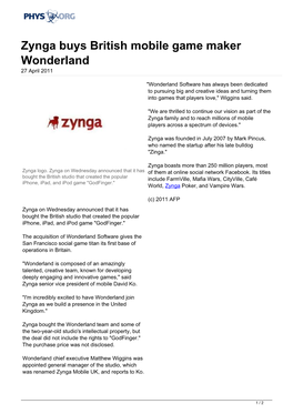 Zynga Buys British Mobile Game Maker Wonderland 27 April 2011